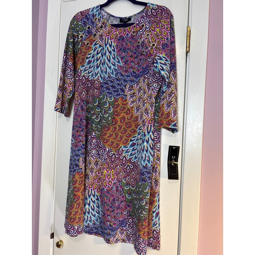 MSK Womens Peacock Paisley Print Lace Up Grommet Neck 3/4 Sleeve Dress Large NWT